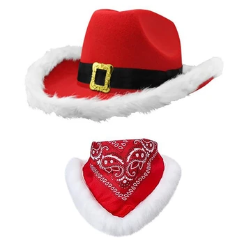 Sievietes Vīrieši Ziemassvētku Kovboju Cepure ar galvas apsējs Sarkana Filca Platām Malām Spalvu Santa Claus Cowgirl Cepuri Brīvdienu Bachelorette Puse