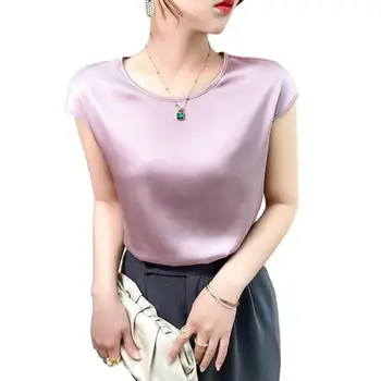 2023 Vasaras Gadījuma Brīvs T Krekls Sievietēm Īss Stilā Ar Īsām Piedurknēm Cieto Satīna Basic Topi, Sieviešu Eleganti T-Krekls Korejas Topi Mujer