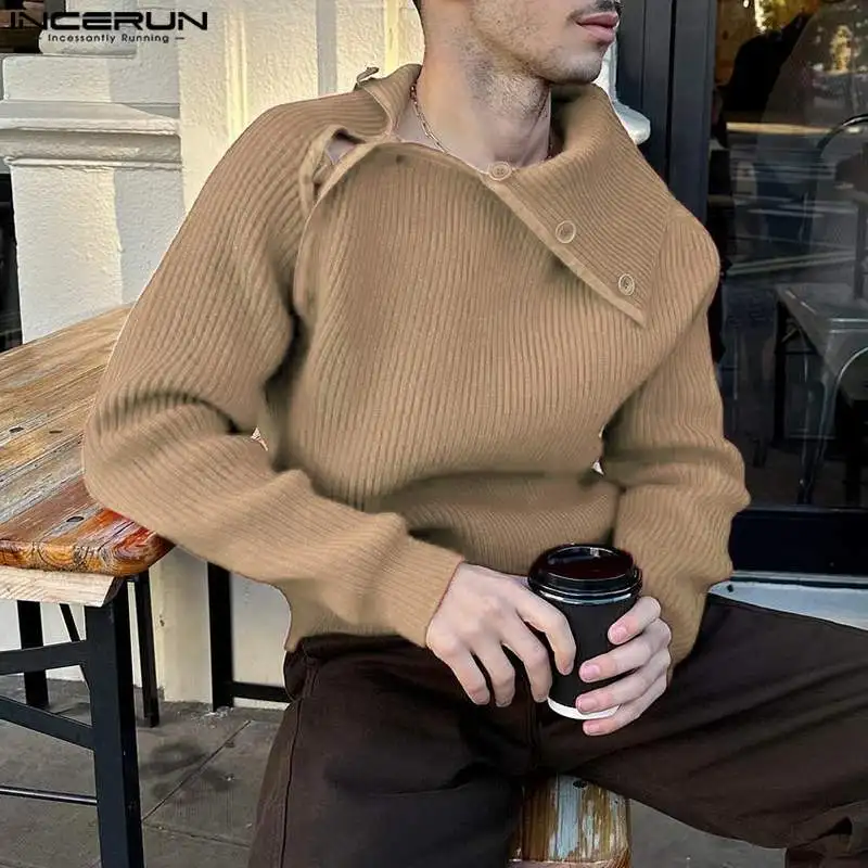 2024 Vīriešu Džemperi Cietā Trikotāžas Atloks ar garām Piedurknēm Pogas, Vīriešu Džemperi Streetwear Pavasara Modes Gadījuma Vīriešu Apģērbu INCERUN0