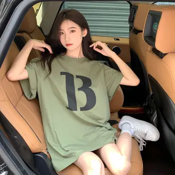 Korejiešu Stilā 2022 Jaunas Ielidošanas Vasaras Sieviešu Ikdienas O-veida kakla Īsām Piedurknēm T-krekls Visi saskaņota Vēstuli Izdrukāt, Kokvilnas T Krekls V465
