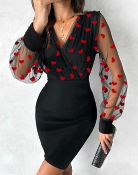 Sieviešu Kleitas Pavasara Modes Colorblock Sirds Modelis Milzīgais Acu Plāksteris Gadījuma V-Veida Kakla Ar Garām Piedurknēm Izdilis Ikdienas Mini Kleita