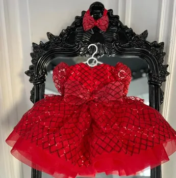Fancy Red Tutu Baby Meitenes Dzimšanas dienas Tērpi Pilnu Piedurknēm Toddler Apģērbs 12M 24M Pirmās Komūnijas Kleita Ziemassvētku Kleita Mazulis Dāvanu Loku