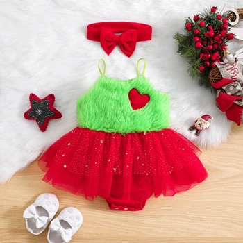 Ziemassvētku 0-2Y Baby Meitenes 2gab Apģērbs bez Piedurknēm Siksniņa Romper Tilla Kleita ar Galvas Komplekts Jaundzimušo Apģērbi