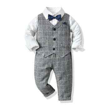 3Pcs Zēni Oficiālu Apģērbs, Apģērbu Komplektus ar garām Piedurknēm Baltā Bowtie T + Veste + Bikses Kāzu Puse, apģērbi Bērniem
