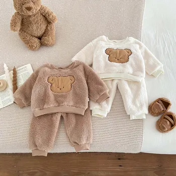 Rudens Ziemas New Baby Zēni 2GAB Apģērbu Komplekts Cute Maz Sedz Plīša Džemperi Zaudēt Matains Bikses, Uzvalks Toddler Zēnu Apģērbs