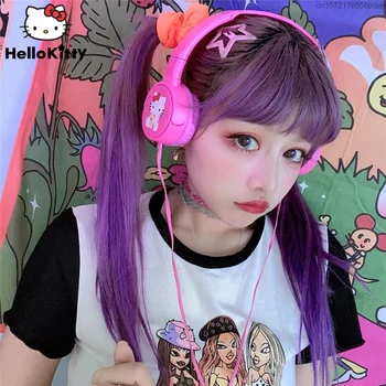 Sanrio Hello Kitty Multfilmas Anime Austiņas Y2k Sweet Meitenes Cute Cepures Apaļu Caurumu PlugUniversal Vadu Austiņas Spēle Austiņas