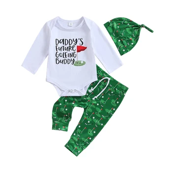 Bmnmsl Zīdaiņu Bērnu Kritums Jumpsuit Tērpiem Vēstuli Izdrukāt Garām Piedurknēm Romper + Golf Modelis Bikses + Mezgloti Cepure