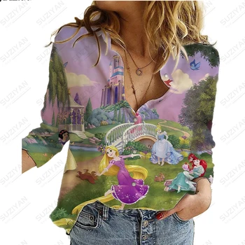 Jaunu Karstā Pārdošanas Sieviešu Pogu Krekls ar garām Piedurknēm Temperaments Disney Princess 3D Drukas Iela Sexy Gadījuma Sieviešu Šifona Kreklu