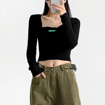 Sieviešu Džemperis Adīts Tops Pavasara Rudens Slim Gadījuma Pakļaut Nabas Modes vienkrāsainu garām Piedurknēm Kvadrātveida Kakla Džemperis