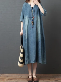 Vasarā Jauni 2023 korejas Modes Lielgabarīta Brīvs Gara Kleita Sieviešu Ikdienas V-veida kakla Vidū Piedurknēm Džinsa Kleitu Elegants Vintage Drēbes