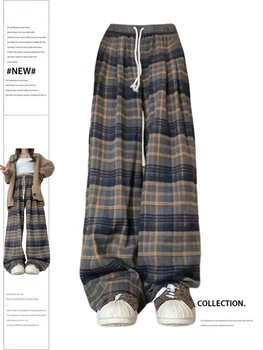 Sieviešu Pleds Baggy Treniņbikses Harajuku Streetwear Modes Estētisko Bikses Retro 2000s Vintage Lielajam Plaša Kāju Bikšu Drēbes