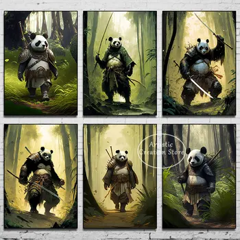 Samurai Panda Plakāti Karavīrs Panda Meža Kung Fu Dzīvniekiem Druka Kanvas Glezna uz dzīvojamo Istabu, Guļamistabu Sienu Mākslas Mājas Dekoru