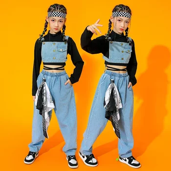 Džeza Kostīms Meitenēm, Hip Hop Apģērbu, Džinsa Garām Piedurknēm Darbības Apģērbs Mūsdienu Ielu Deju Apģērbs Bērniem Rave Drēbes