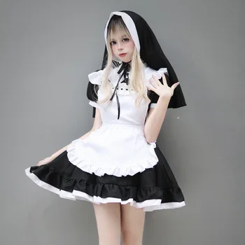 Halloween Mūķene Vienotu Apģērbu Cosplay Kostīmu Meitene JK Cosplay Tērpiem, Lolita Melna Balta Skolotāju Kleita Anime Cosplay