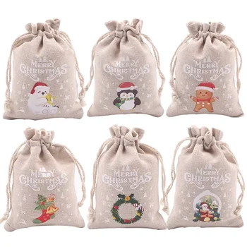 Ziemassvētku skaista kokvilnas un lina soma, Santa Claus bērnu candy apple glabāšanas soma Adventes uzstādīt vienkāršu dāvanu maisu