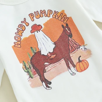 Baby Meitenes Halloween Bikses Komplekti, Balta, Ar Garām Piedurknēm Vēstuli Zirgu Drukāt Romper Ķirbju Spoku Drukāt Bikses Komplekti