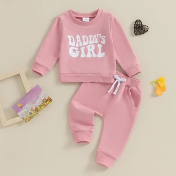 Baby Girl Bikses Tērpiem Toddler Vēstuli Izdrukāt, garām Piedurknēm ar Apaļu Kakla sporta Krekls un Cieto Krāsas Bikses Komplekts Jaundzimušo 2 Gabals Kostīmi