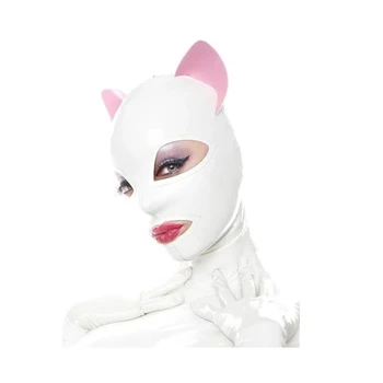 Sexy White Cosplay Kaķa Auss Lateksa Fetišs Kapuci Gumijas Maska Catsuit ar Muguras Rāvējslēdzēju Halloween Tērpi Sievietēm