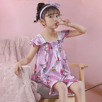 Sanrio Kawaii Kuromi Bērnu Pidžamas Cute Anime Cinnamoroll Īsām Piedurknēm Sleepwear Vasaras Karikatūra Meitenes Homewear Apģērbs Apģērbs