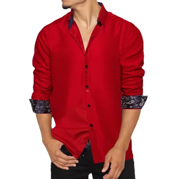 Dibangu Garām Piedurknēm Sarkans Ciets Zilā Paisley Krāsu Kontrastu Modes Kleita Krekls Poga-Apkakle Vīriešu Apģērbs