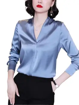 2023 Pavasara Rudens Sieviešu Satīna T Krekls ar garām Piedurknēm Stilīgs Vintage Tee Krekls Sieviešu Vienkārši Slim V-veida Kakla Topi, Sieviešu Apģērbs