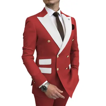 Sarkans Vīriešu Uzvalki divdaļīga Kāzu Uzvalku Līgavainim un Labākais Vīrs Uzvalku, Vīriešu Biznesa korejas Uzvalks Lang Kāzu, Banketu （jaka+bikses）
