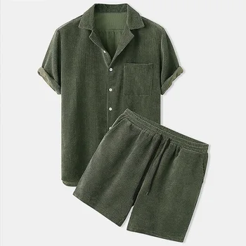 2023 Vasaras Gadījuma Vīriešu Uzvalku Apkakli, Īsām Piedurknēm Krekls Iestatīt vienkrāsainu Top Kvalitātes Vīriešu Krekls+Šorti 2PC Uzstādīt Modes Apģērbs Komplekts