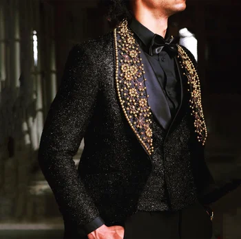 Luksusa Zelta Izrotāts ar pērlītēm Spīdīgu Kāzu Vīriešu Uzvalki Līgavainis Tuxedos Vīriešu Balli Bleizeri Hombre 3 Gabalu Komplekti, Kostīmu Homme
