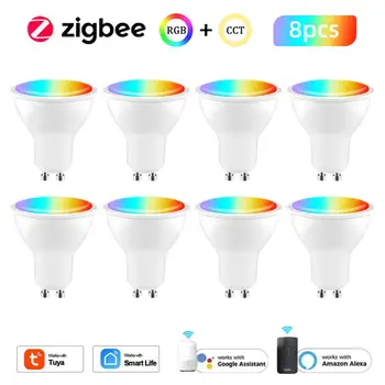 Tuya Zigbee Smart GU10 Spuldze RGB+PKT 100-240V 5W Aptumšojami LED Spuldzes Balss Kontroles darbu ar Alexa, Google Home Alise