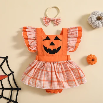 2gab Baby Girl Halloween Romper Galvaskausa Ķirbju Drukāt Kvadrātveida Kakla Savirmot Piedurknēm Tutu Bodysuit Galvu Tērpu Apģērbs