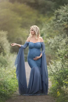 Modes Maternitātes Kleita, par Foto Atvašu Maxi Maternitātes Kleita ar garām Piedurknēm Mežģīņu Izšūšanas Iedomātā Sievietēm grūtniecības un Dzemdību Foto Aksesuāri