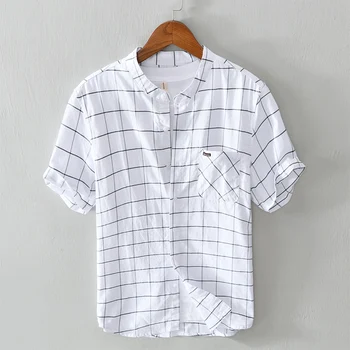 Dizaineru jaunu tīras kokvilnas pleds krekls vīriešiem īsām piedurknēm zīmola pleds krekli vīriešiem gadījuma stand apkakli top mens chemise camisas