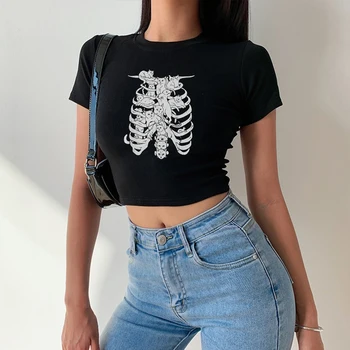 Y2K kultūraugu top Apgriezts grafiskais t krekli skelets Harajuku Goth emo Streetwear Sieviešu Modes grunge Apģērbu Estētika, vintage