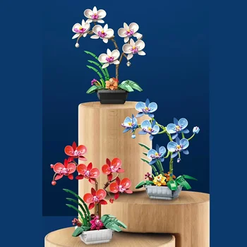 Celtniecības bloki ziedu Phalaenopsis ziedu pušķis bonsai meitenes montēt rotaļlietas, lai sūtītu dāvanas meitenēm