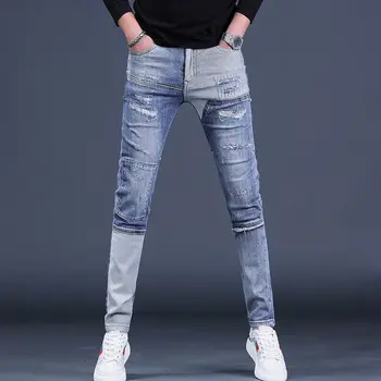 Korejas dizaineris Modes Vīriešu Luksusa Zīmola Džinsa Džinsi Hip Hop Kravas Bikses Stilīgs Vīriešu Motociklu Slim Raibs Bikses