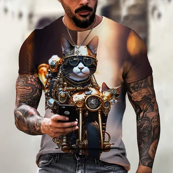 Skaists Motocikls Kaķis Drukāt Vasaras Vīriešu Apaļu Kakla T-krekls Ikdienas Īsās Piedurknes Lielgabarīta Pulovers Modes Tendence Vīriešu Apģērbs