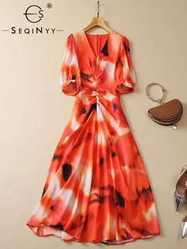 SEQINYY Oranža Kleita Pavasara Vasaras Jaunā Modes Dizaina Sievietes Skrejceļa Drapēti Slim Īsām Piedurknēm Vintage Print Gadījuma