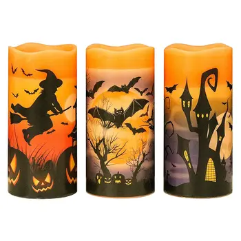 Halloween Mirgo Flameless LED Sveces ar 6 Stundu Taimeri, Bateriju Darbināmas,Sikspārņi,Pils,Raganu Decal,3 Pack(3X6 Collas)