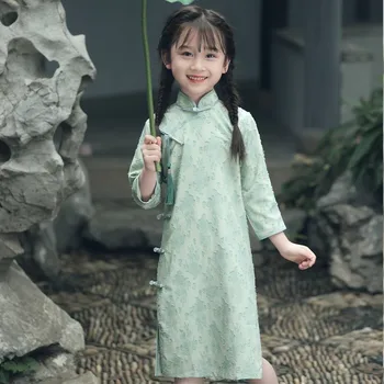 Cute Meitene ir Qipao Uzlabota Ķīniešu Stilu, Bērnu Kleitas, Elegants Pogu Vestidos Bērniem Banketa Kleita Puķu Meitenes Kāzu Cheongsam