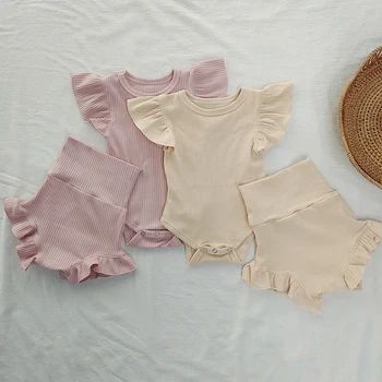 2GAB Baby Girl Apģērbu Vasaras Zīdaiņu Ribas Kokvilnas Savirmot Peld Piedurknēm Romper Augstās Jostasvietas Bikses Set Baby Meitenes Apģērbu Conjuntos