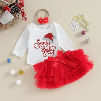 Baby Girl Ziemassvētku Tutu Kleita ar garām Piedurknēm Santa Bodysuit Tilla Svārki ar Galvu Toddler Ziemassvētki Apģērbs, Komplekts