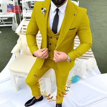 Dzeltena Skaists Vīriešu Uzvalku Kāzu Uzvalku Līgavainim Oficiālu Jaka, Bikses, Vestes Trīs-gabalu Puse Apģērbs pieguļoša Žakete Vīriešu Apģērbs