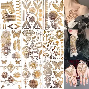 9 Loksnes Mirdzēt Pagaidu Tetovējumiem Sievietēm Meitenes Rokas, Rokas Viltus 3D Tetovējumu Uzlīmes Zelta Mandala Ziedu Čūska Tatoos Metāla