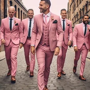 Rozā Iecirtums Atloks Vienu Krūtīm, Kāzu Uzvalki Vīriešiem 3 Gabals Modes Oficiālu Labākais Cilvēks Līgavainis Slim Fit Uzvalku (Žakete+Veste+Bikses)