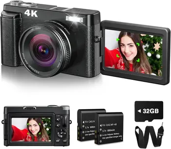4K Digitālo Kameru Fotografēšanai ar 32GB Karti Autofokusu, 48MP Vlogging Kameru Ar Zibspuldzi, Anti-Shake, 16x Zoom, 3