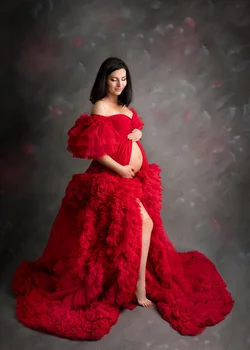 Elegants Sarkans Organza Maternitātes Drēbes, Par Foto Atvašu Ilgi Milzīgais Sexy Līgavas Grūtniecības Tilla Kleita Kleitas Pasūtījuma