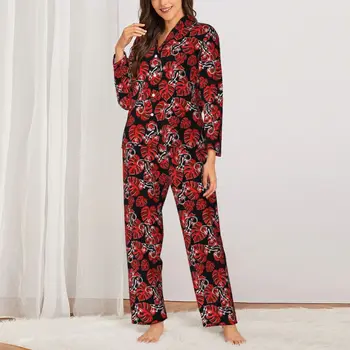 Red Lapu Sleepwear Rudens Palmu Drukāt Vintage Lielajam Pajama Komplekti Sievietēm Ar Garām Piedurknēm Kawaii Atpūtas Iespiesti Naktsveļu