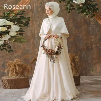 Musulmaņu Augstas Kvalitātes-line Kāzu Dresse Grīdas Garums Drapēti Plisēt Aplikācijas Satīna Līgava Kleitas Augsta Apkakle drēbes de mariée