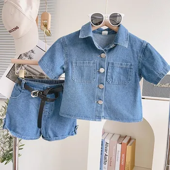 2024 jaunā vasaras Bērnu Zēnu Kokvilnas Džinsa īsām piedurknēm T-krekls+šorti komplekti Bērniem Bērnu Ikdienas Ērts Apģērbs Mēteļi