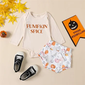 Baby Girl 3Pcs Halloween Tērpi 0 3 6 9 12 Mēnešu garām Piedurknēm Bodysuit Savirmot Šorti Galvu Komplekts Zīdaiņu Drēbes 3Pcs